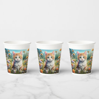 Vasos De Papel Süße Katze in einer Blumenwiese