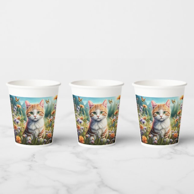 Vasos De Papel Süße Katze in einer Blumenwiese (Multi)