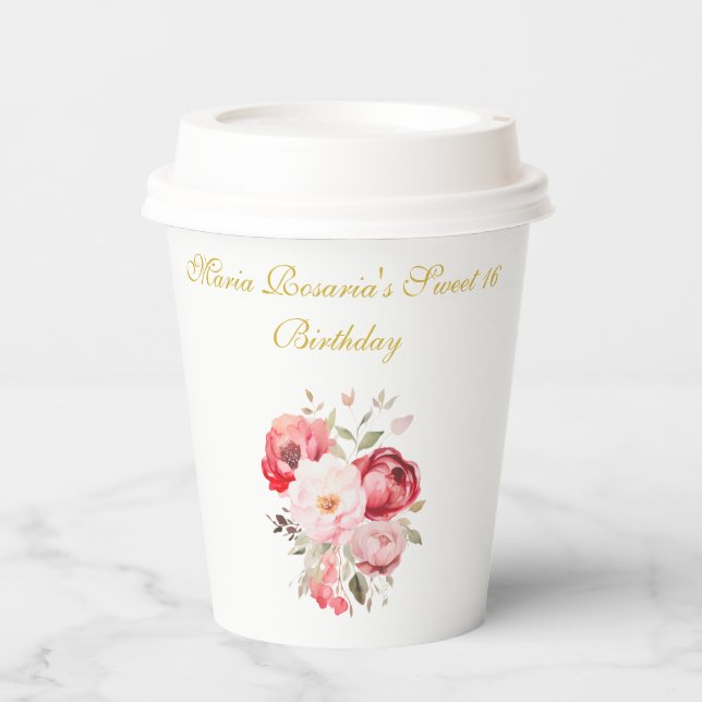 Vasos De Papel Sweet 16 Personalized  Floral Tableware (Anverso)