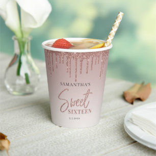 Vasos De Papel Sweet 16 Rosa Purpurina de oro Script fiesta de cu