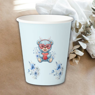 Vasos De Papel Sweet Heart Teddy Bear Blue Baby Shower 
