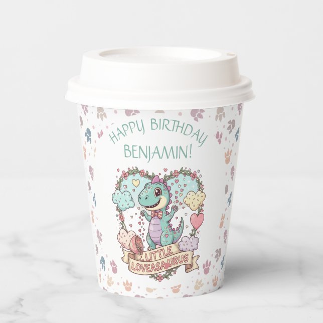 Vasos De Papel Sweet Little Hearts Dino Birthday Personalized (Anverso)
