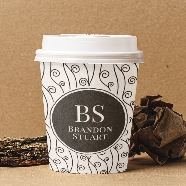 Vasos De Papel Swirls en blanco y negro (black and white paper cup with name and swirl pattern)