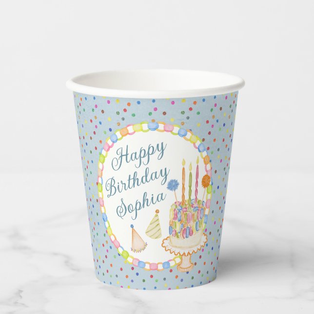 Vasos De Papel Tarta de cumpleaños Azul Cue the Confetti (Anverso)