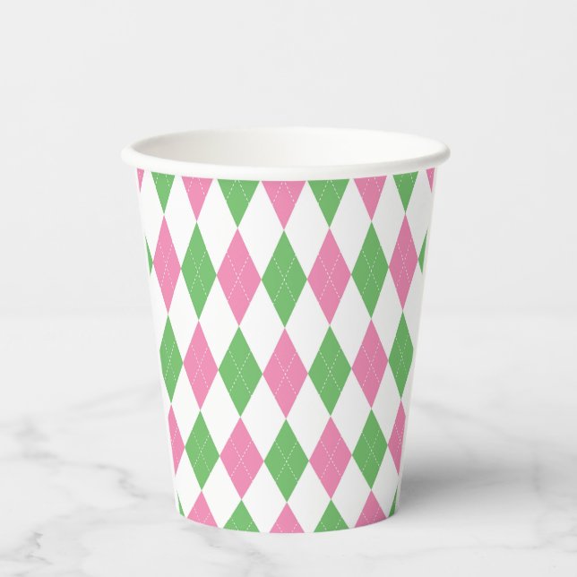 Vasos De Papel Taza de fiesta de golf argyle verde y rosa (Anverso)