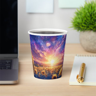 Vasos De Papel Taza de papel Atardecer Cósmico con Girasoles