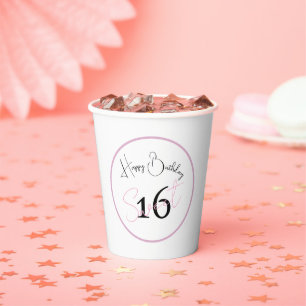 Vasos De Papel Taza de papel con guión negro y rosa para Sweet 16