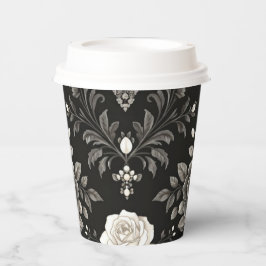 Vasos De Papel Taza de papel damasco floral blanco negro elegante