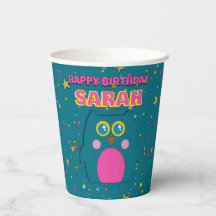 Taza de papel morada con búho azul turquesa para f