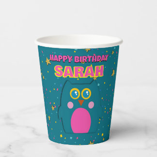 Vasos De Papel Taza de papel morada con búho azul turquesa para f