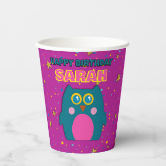 Vasos De Papel Taza de papel morada de búho azul para cumpleaños 
