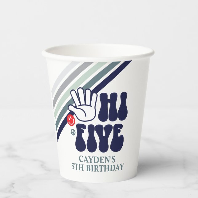 Vasos De Papel Tazas de papel azules con raya retro HI FIVE (Anverso)