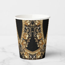 Tazas de papel con flores doradas ornamentadas