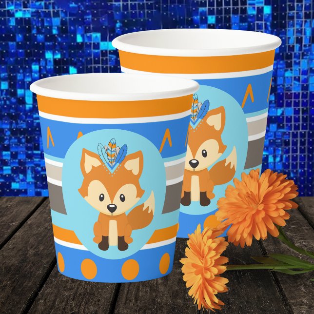 Vasos De Papel Tazas de papel Fiesta Wild One Blue Woodland Fox (Woodland Forest Fox Party Paper Cups. Featuring a tribal inspired pattern in Blue, Orange, and Brown)
