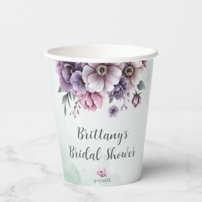 Vasos De Papel Tazas de papel floral lavanda y verde para despedi (Reverso )