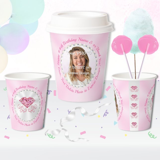 Vasos De Papel Tazas de papel personalizadas para cumpleaños de c (Pink themed birthday party ideas. Personalized, pink paper cups with lids. Pink birthday party.)