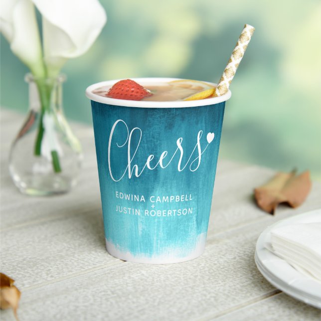 Vasos De Papel tazas verde azuladas de papel boda abstracto azul  (in situ)