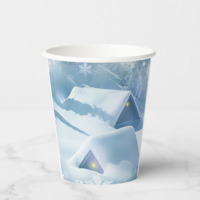 Vasos De Papel Techo cubierto de nieve en un bosque (Anverso)