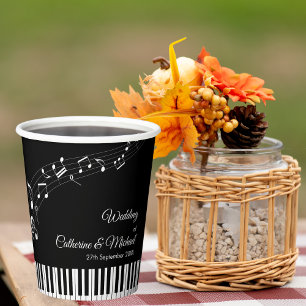 Vasos De Papel Teclas de Piano Notas Musicales Boda Negras y Blan