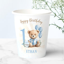 Vasos De Papel Teddy Bear 1er cumpleaños Globos azules Cubos de p