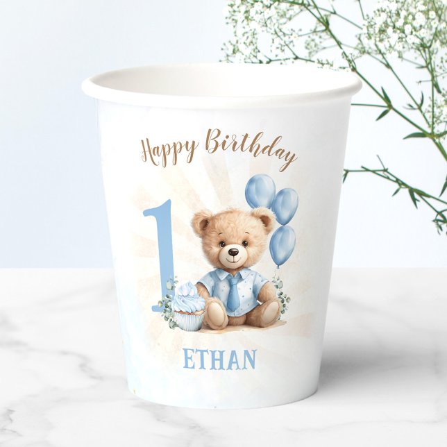 Vasos De Papel Teddy Bear 1er cumpleaños Globos azules Cubos de p (Teddy Bear 1st Birthday Blue Balloons Paper Cups)