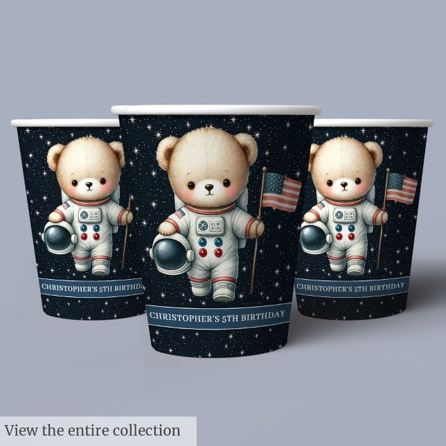 Vasos De Papel Teddy Bear Astronauta Niño Fiesta de Cumpleaños Cu (Teddy Bear Astronaut Boy Birthday Party Paper Cups)
