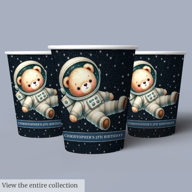 Vasos De Papel Teddy Bear Astronauta Papel Cupo niño Fiesta (Teddy Bear Astronaut Paper Cups Baby Boy Party)