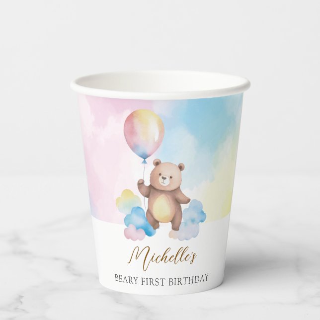 Vasos De Papel Teddy Bear Balloon Clouds Beary First Birthday (Reverso )