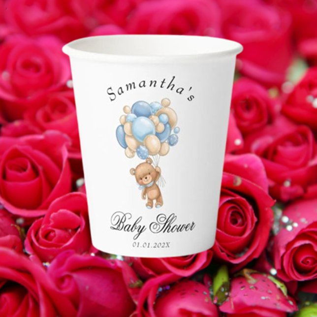 Vasos De Papel Teddy Bear Blue Balloon Baby Shower Cubos de papel (Celebrate your baby's special day with our charming Teddy Bear Blue Balloon paper cups.)