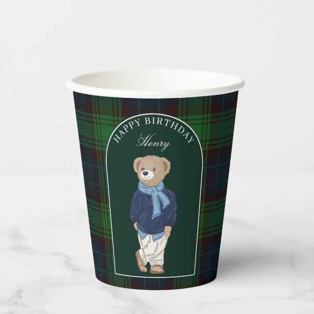 Vasos De Papel Teddy bear classic plaid birthday party custom (Anverso)