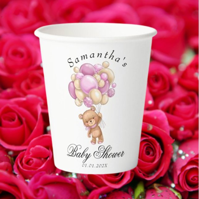 Vasos De Papel Teddy Bear Globo rosa Baby Shower Cubos de papel (Celebrate your little one's arrival with our adorable Teddy Bear Pink Balloon Baby Shower paper cups)