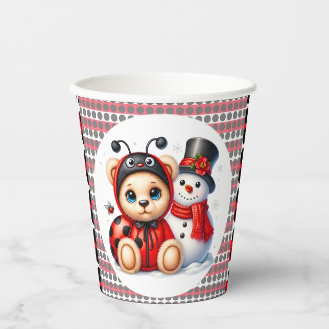 Vasos De Papel Teddy Bear Ladybug con Snowman Baby Shower (Anverso)