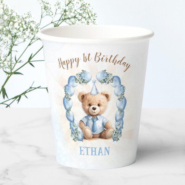 Vasos De Papel Teddy Bear primer cumpleaños niño globos azules (Teddy Bear 1st Birthday Boy Blue Balloons Paper Cups)