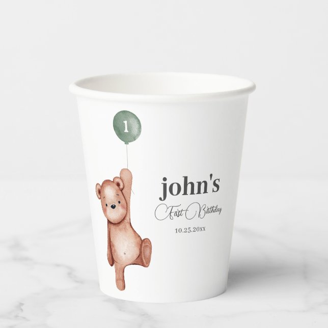 Vasos De Papel Teddy Bear Sage Green First Birday Party (Anverso)