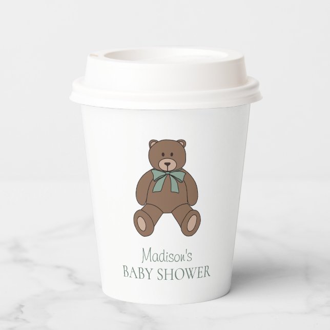 Vasos De Papel Teddy Bear Sage Green White with Name Baby Shower (Reverso )