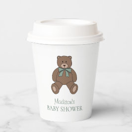 Vasos De Papel Teddy Bear Sage Green White with Name Baby Shower
