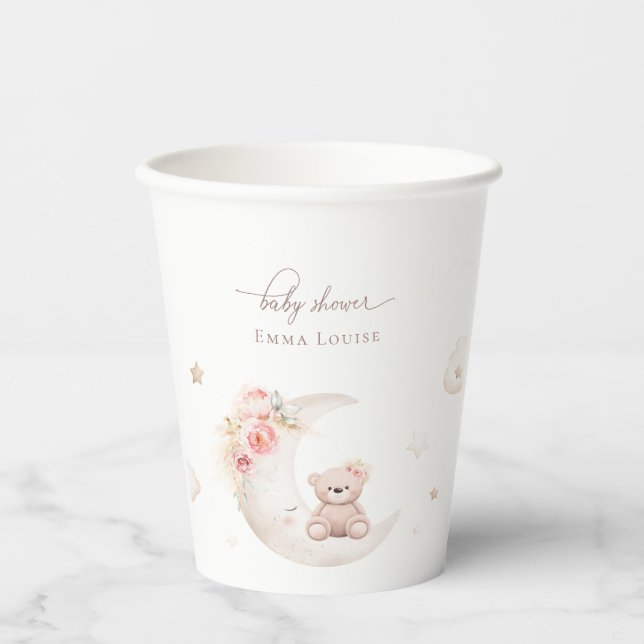 Vasos De Papel Teddy Bear Sobre El Baby Shower Neutral De La Luna (Anverso)