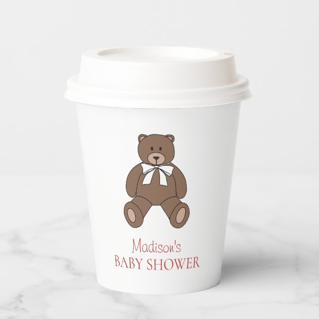 Vasos De Papel Teddy Bear with Bow and Red Text Name Baby Shower (Anverso)