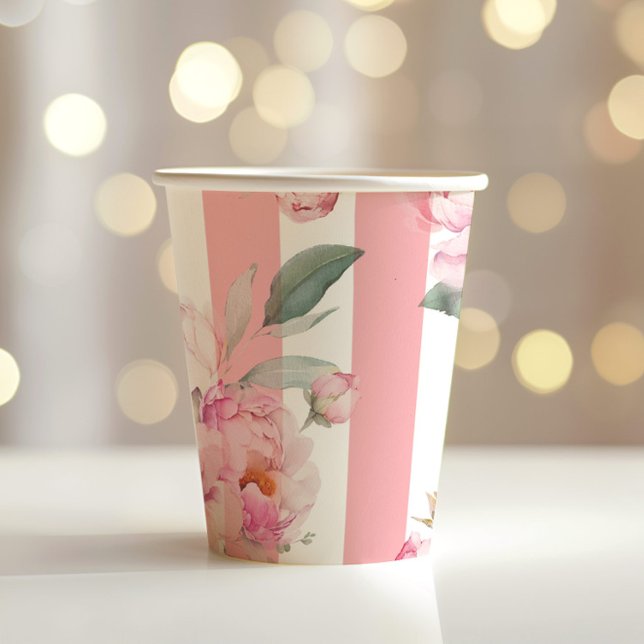 Vasos De Papel Tema de París rayas rosadas peonía floral novia (Subido por el creador)