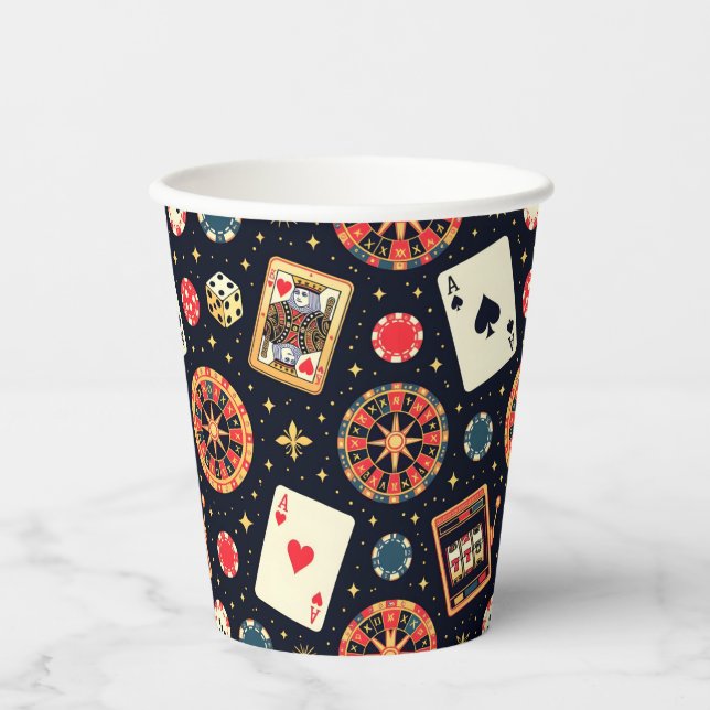 Vasos De Papel tema de patrón de casino sobre negro (Anverso)