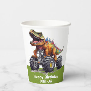 Vasos De Papel Tema del Camión Monstruo de Dinosaurio Verde T-Rex