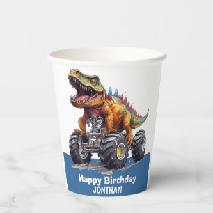 Vasos De Papel Tema del Camión Monstruo T-Rex de dinosaurio azul