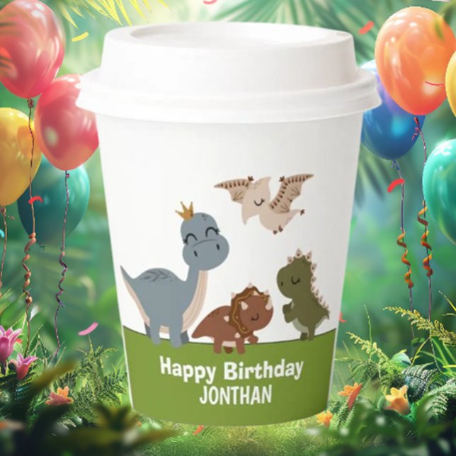 Vasos De Papel Tema verde del cumpleaños de los dinosaurios Boho (Celebrate your little one's special day with our enchanting Boho Dinosaur Birthday paper cups! )