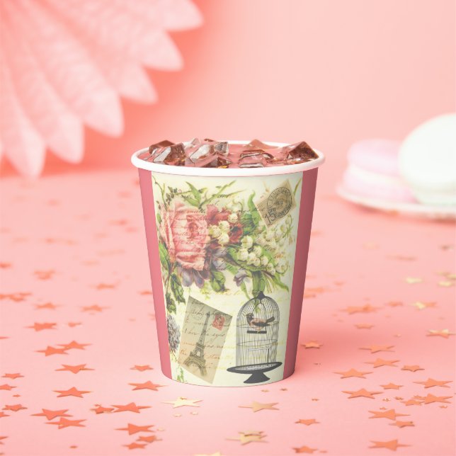 Vasos De Papel Tema Vintage Paris Francés Rosa  (in situ)