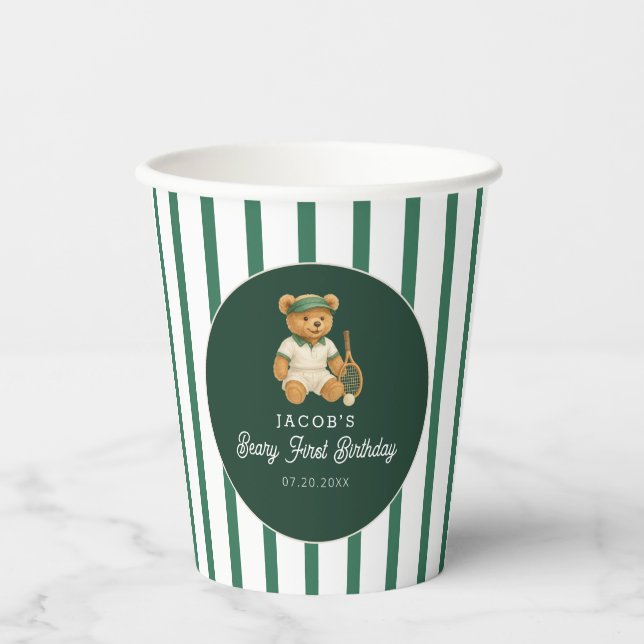 Vasos De Papel Tenis Preppy Bear Green Striped Primer cumpleaños (Anverso)