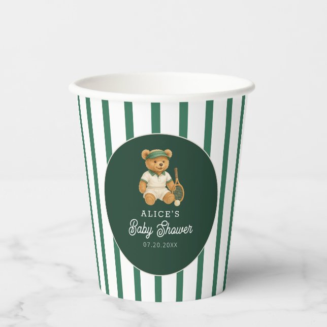 Vasos De Papel Tennis Preppy Bear Green Strike Baby Shower (Anverso)