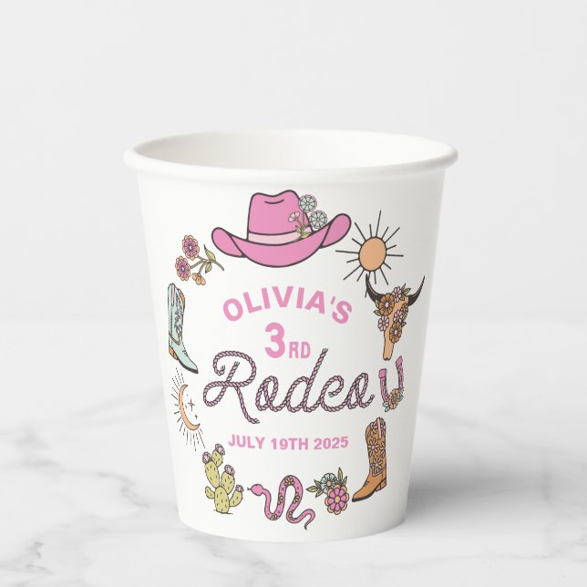 Vasos De Papel Tercer cumpleaños de Rodeo Rosa Occidental Cowboy (Anverso)