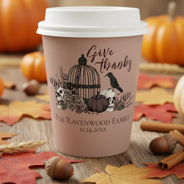 Vasos De Papel Terracotta Cránulos góticos y Rosas dan gracias Ca (Fall Terracotta Give Thanks Gothic Thanksgiving Paper Cups. Vintage Skull, Birdcage, Pumpkin & Rose)