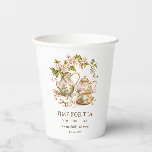 Vasos De Papel Tetera Floral Tiempo para Té Despedida de Soltera  (Anverso)