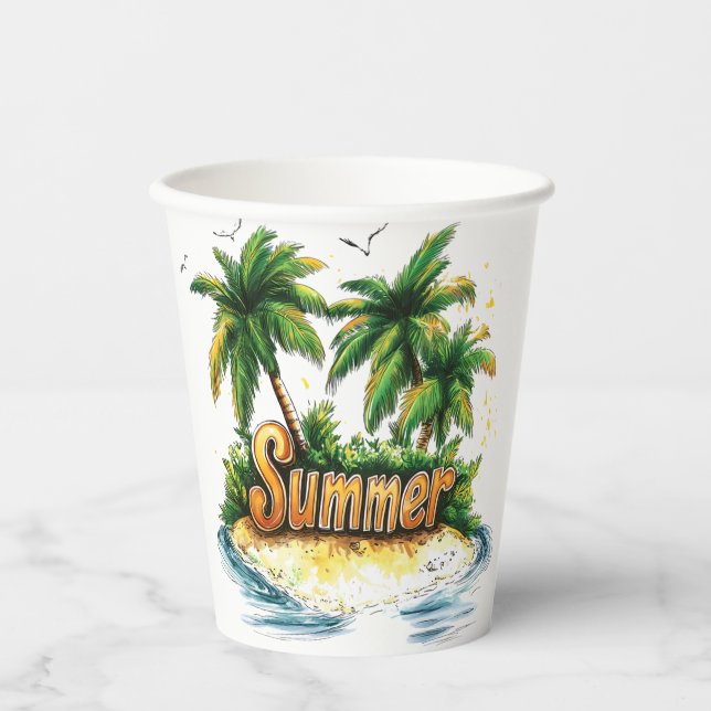 Vasos De Papel Texto de verano - Isla de verano tropical (Anverso)
